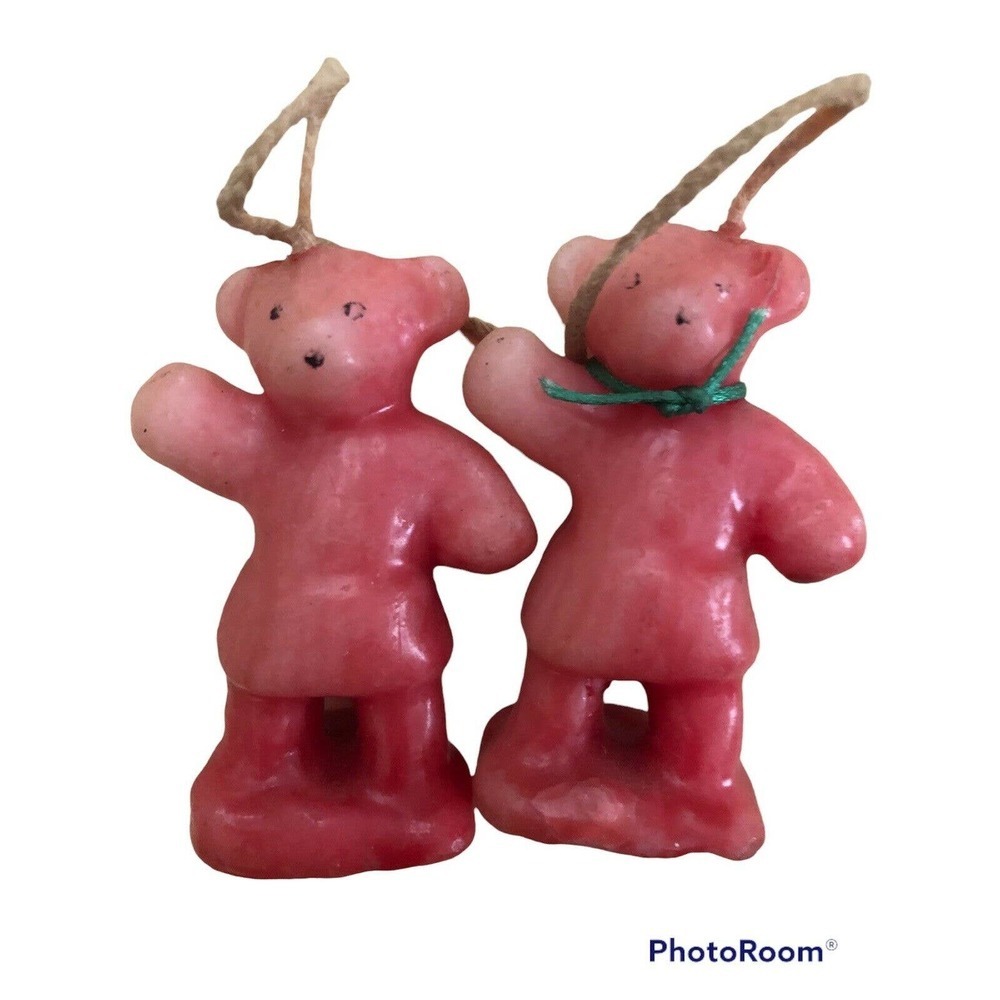 VINTAGE Pink TWIN WICK JOINED WICK TEDDY BEAR CANDLES 2 1/2 INCH